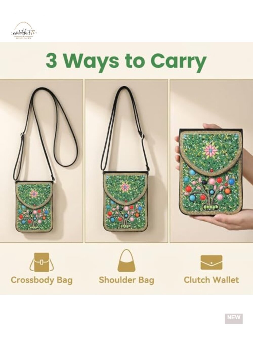 Handmade Beaded Crossbody Bag with Leather Trim, Adjustable Strap, Fits Cell - Picture 5 of 6